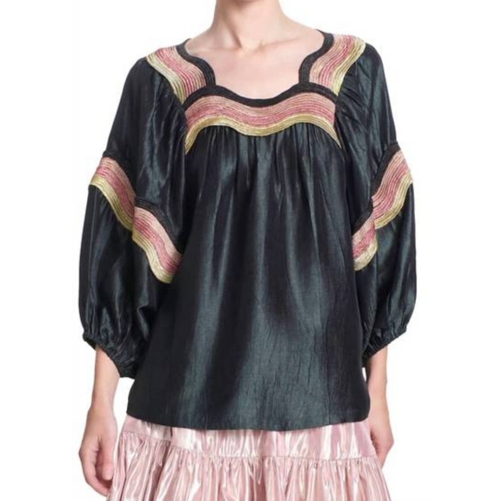 Anthropologie COREY LYNN CALTER patti metallic wave pattern top in black XS